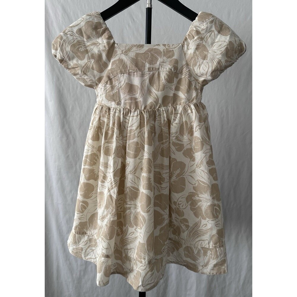 Tommy Bahama Girls Tropical Floral Linen Blend Dress Puff Sleeve Beige 5T NWT